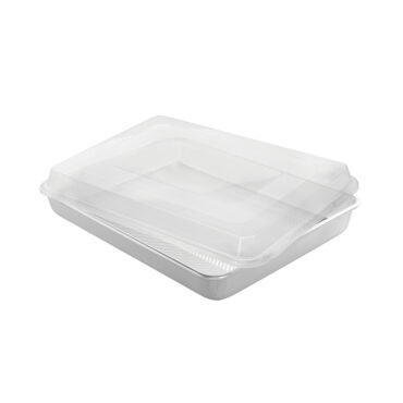 Nordic Ware aluminum rectangular cake pan with high sides and clear plastic lid, natural silver finish