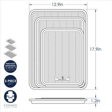 Nordic Ware Prism 3-piece aluminum baking sheet set with half, quarter, and jelly roll pans, natural finish