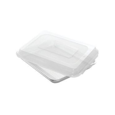Nordic Ware aluminum quarter sheet pan with clear plastic lid, natural silver finish, shown at angle