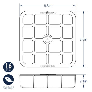 Nordic Ware Brownie Buddy Cutter with dimensional measurements, plastic cutting tool with grid pattern