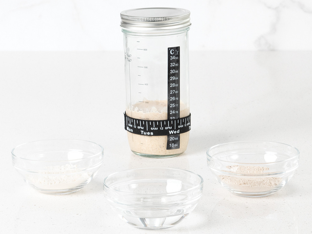 Sourdough starter that is about to be fed with water, bread flour, and whole wheat flour. 