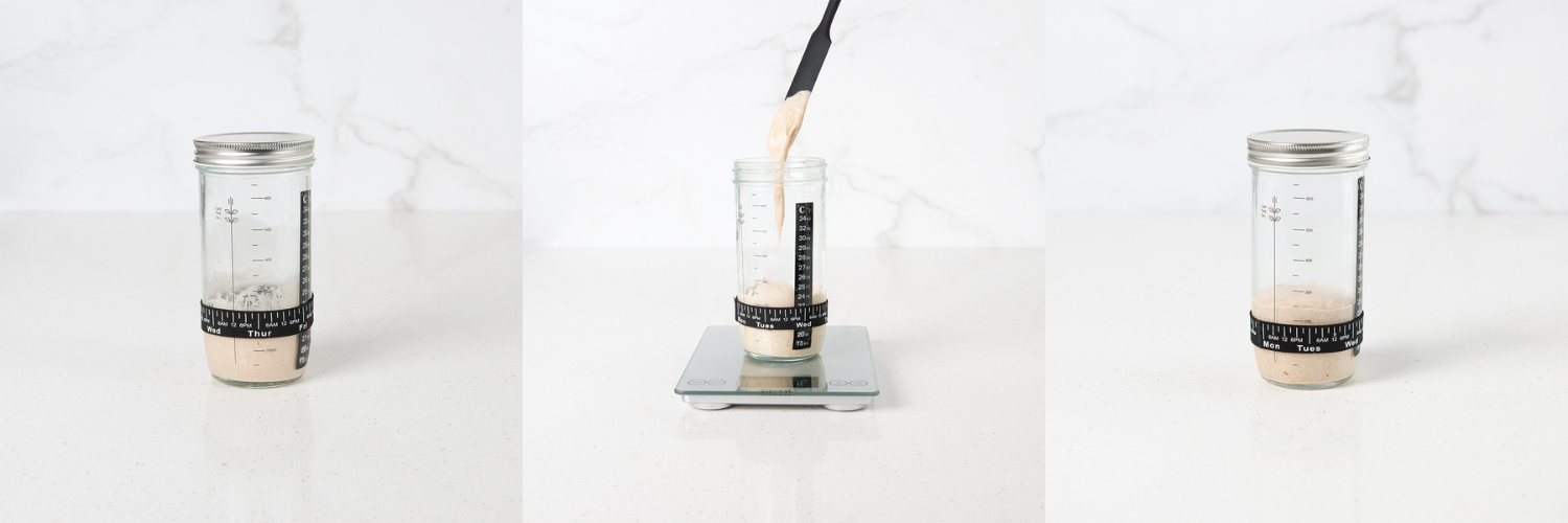 Mixing, measuring, and tracking sourdough starter with the Glass Starter Jar with Temp Strip & Tracker Band from the Simply Sourdough Bread Baking Kit. 