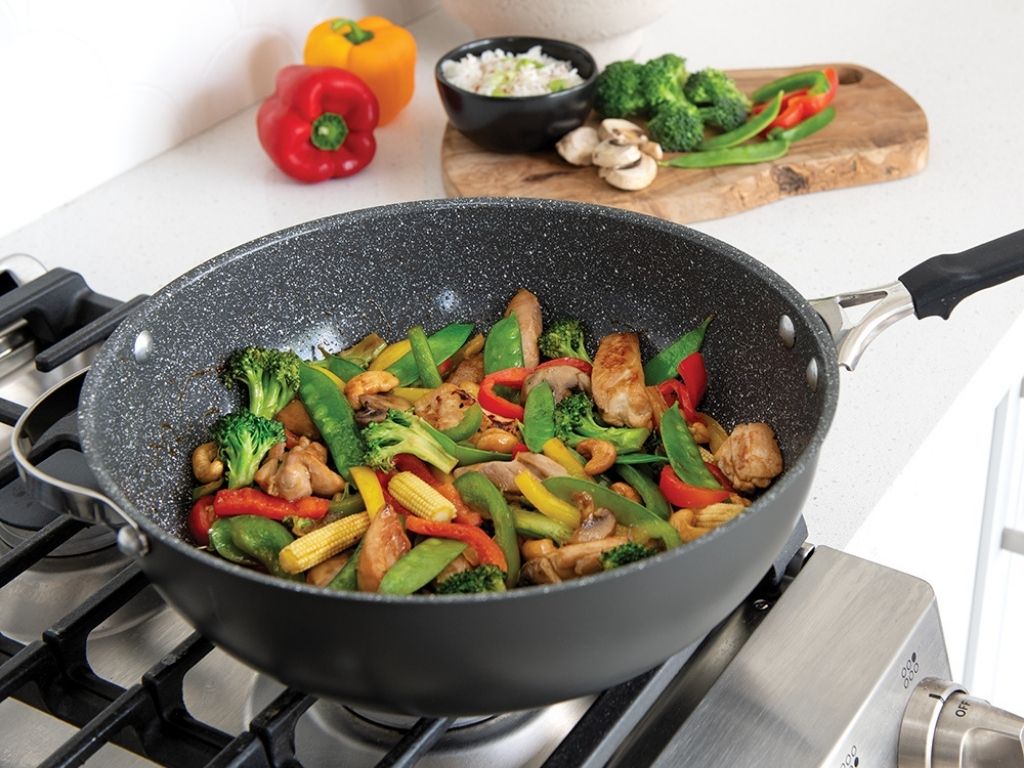 Stir Fry cooked in the Nordic Ware Verde Ceramic Nonstick 12” Wok on the stovetop.