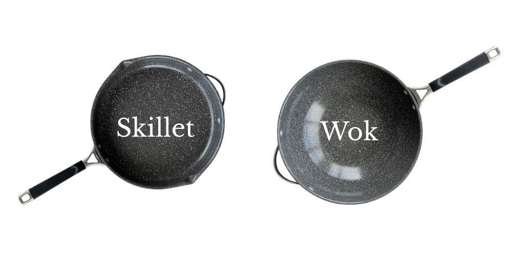 side by side of the Verde 12 Inch Ceramic Nonstick Skillet Pan and the Verde Ceramic Nonstick 12” Wok.