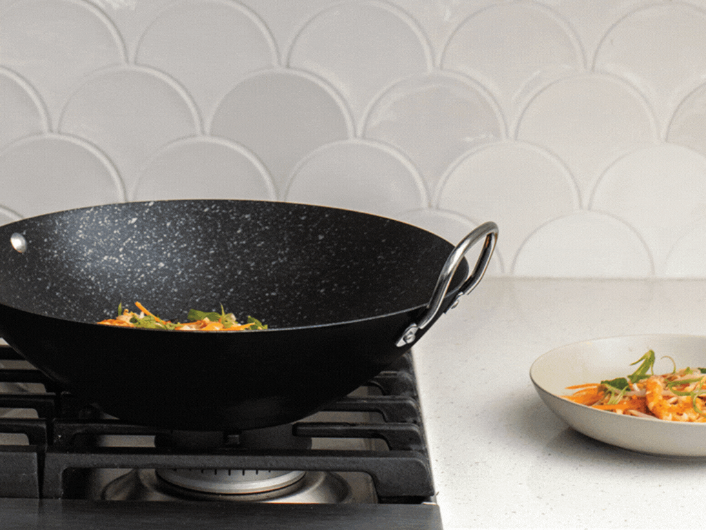 Gif of Pad Thai being cooked in the Nordic Ware Basalt 14" Spun Wok.