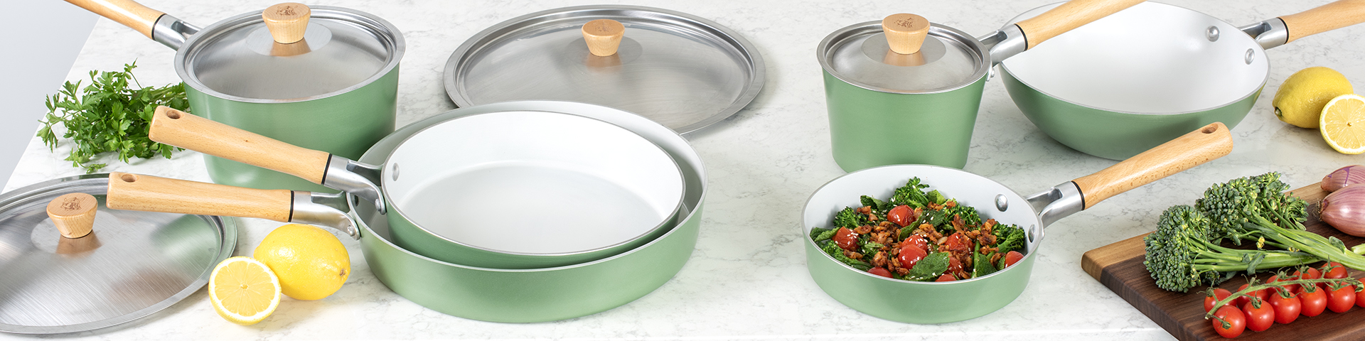 Cardamom Nonstick Ceramic Cookware Collection Collection image of Cardamom Nonstick Ceramic Cookware.