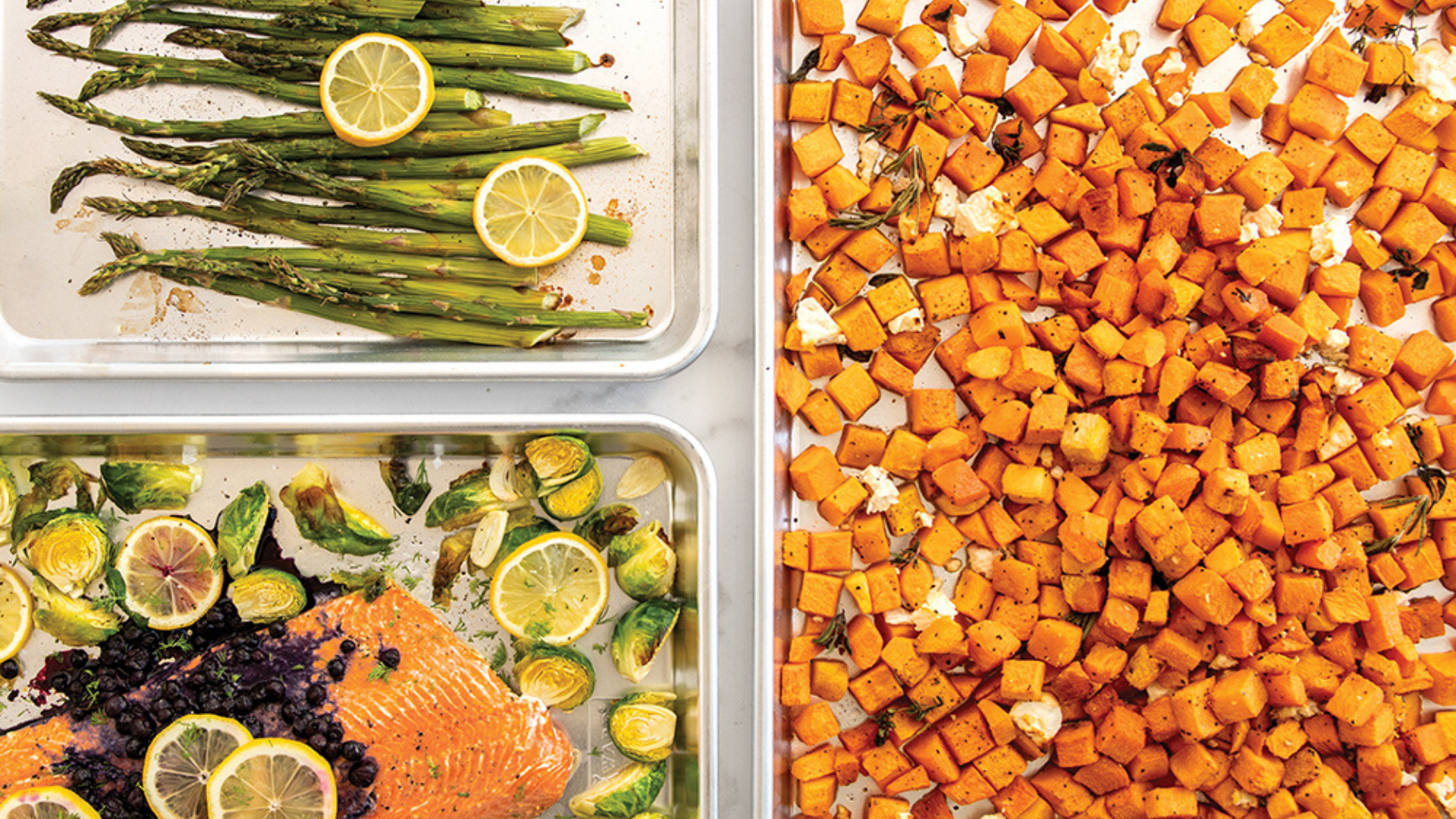 Roasted vegetables on Naturals Aluminum Baking Sheet 3 piece set. 