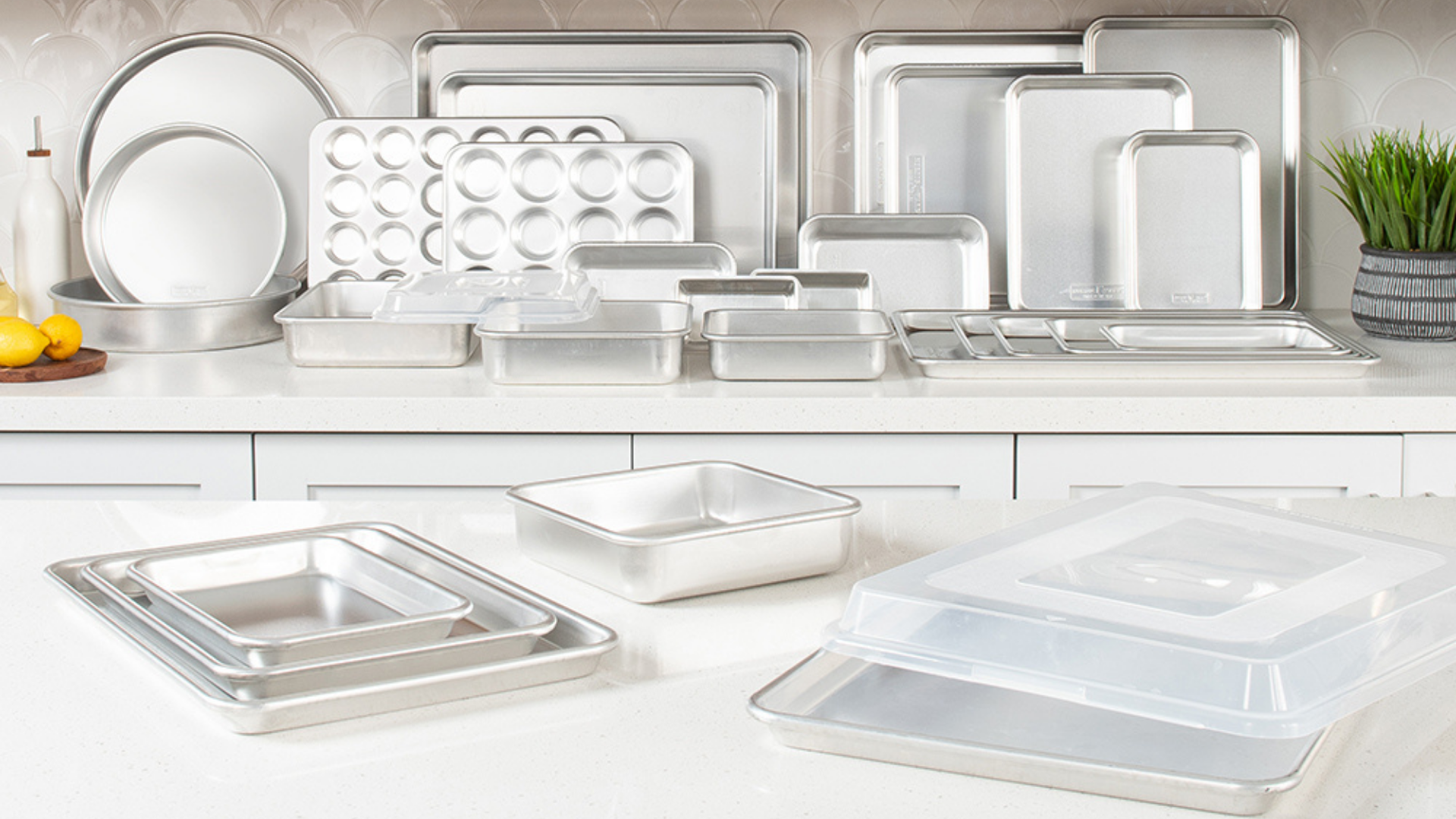 Nordic Ware’s Naturals® Aluminum Bakeware collection image Nordic Ware’s Naturals® Aluminum Bakeware collection displayed in a kitchen.