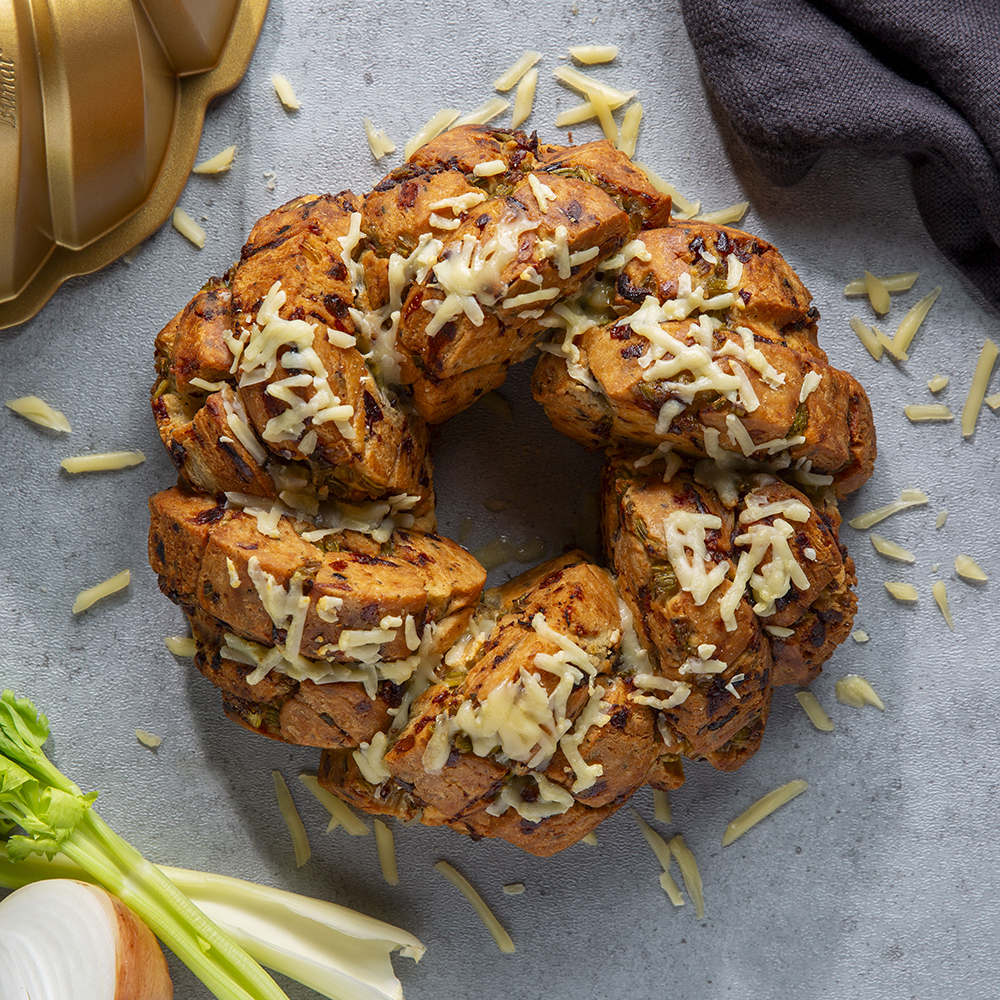 Pull apart stuffing bread Bundt made in the 75th Anniversary Bundt Pan.
