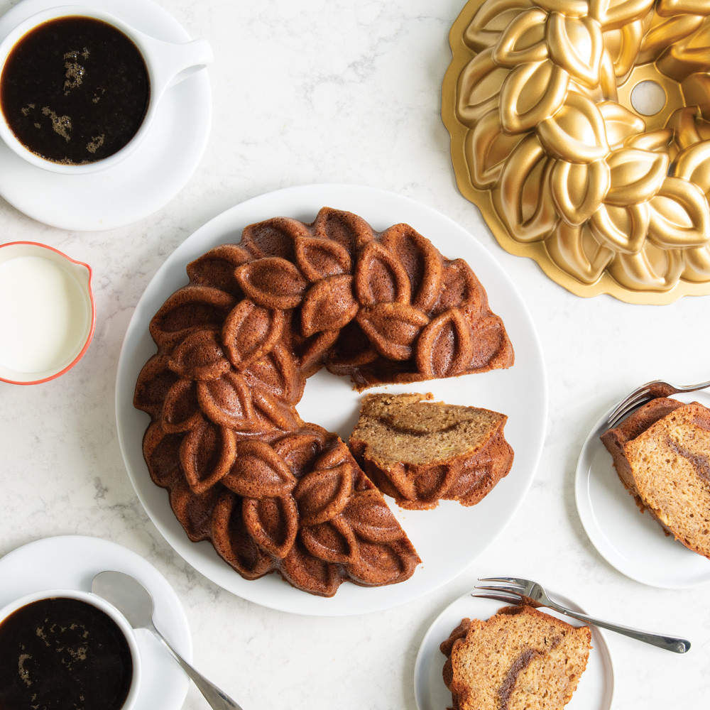 Image of baked banana bread Bundt cake in Nordic Ware's 80th Laurel Wreath Bundt Pan