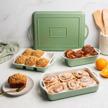 group shot of cardamom bakeware including mini loaf pan, loaf pan, large baking sheet, and rectangular baker