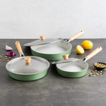 cardamom skillets and lids on staged on countertop