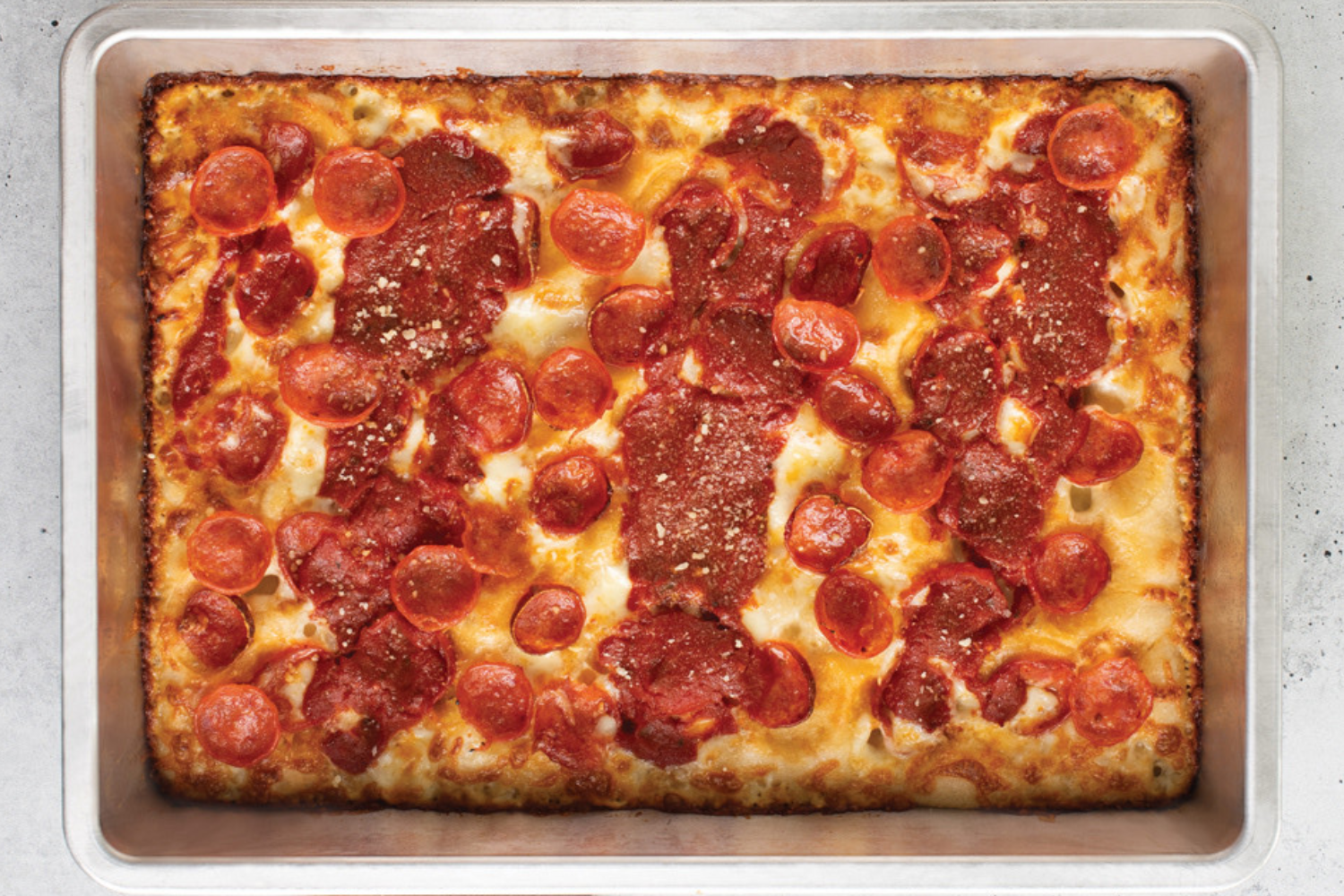 Classic Detroit-style pizza made in the Detroit Pizza Pan.