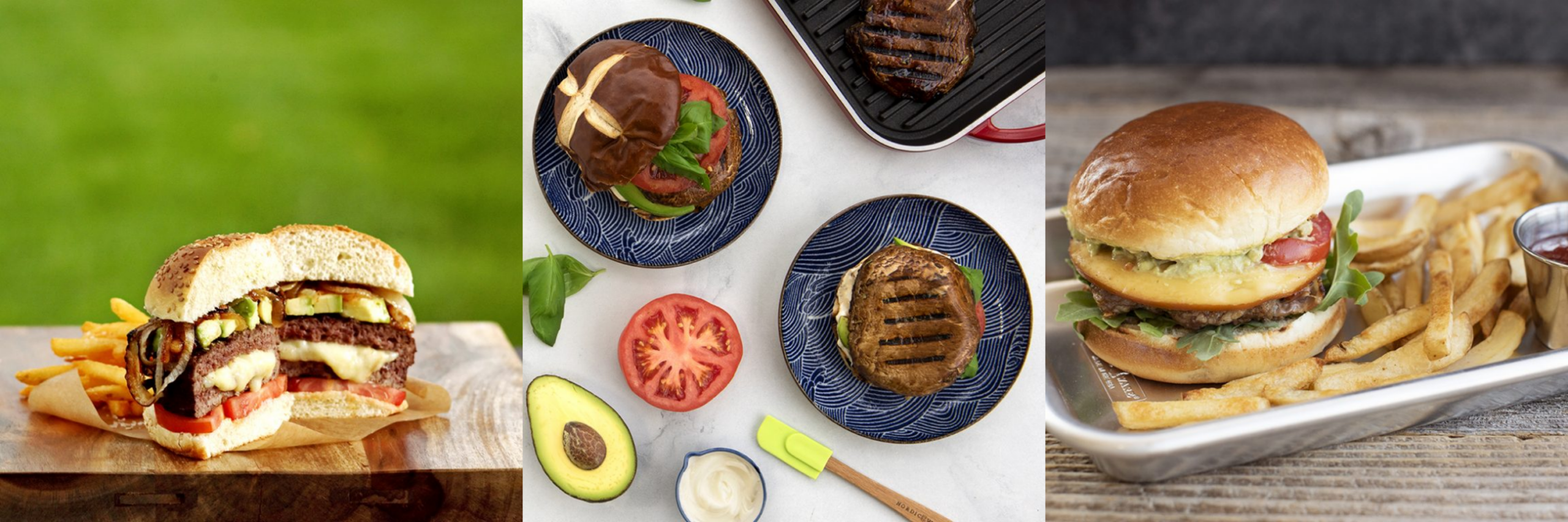 Three images of different Nordic Ware burger recipes.