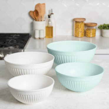 Nordic Ware 8 piece seaglass and white 7 quart, 5 quart, 3.5 quart and 2 quart bowls