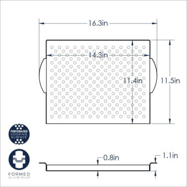 Nordic Ware aluminum perforated grill topper with dimensional measurements and technical specifications