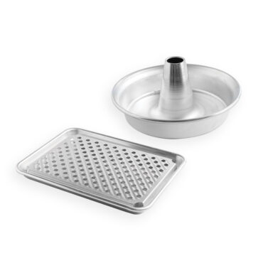 vertical chicken roaster with Quarter Sheet with Multi-Task Oven & Cooling Rack on white background