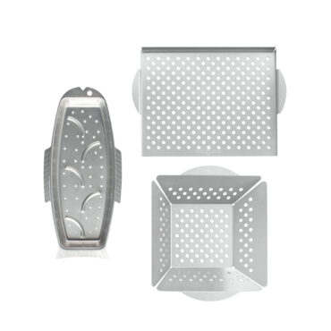 overhead of nordic ware seafood griller, grill topper, and grill basket on white background