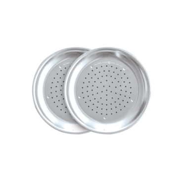 Round aluminum pizza crisper pan with perforated bottom, natural silver finish, showing airflow holes for crispy crusts