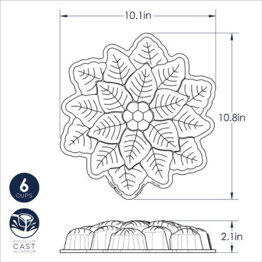 nordic ware cast aluminum poinsettia pull apart pan with intricate leaf design technical drawing with measurements
