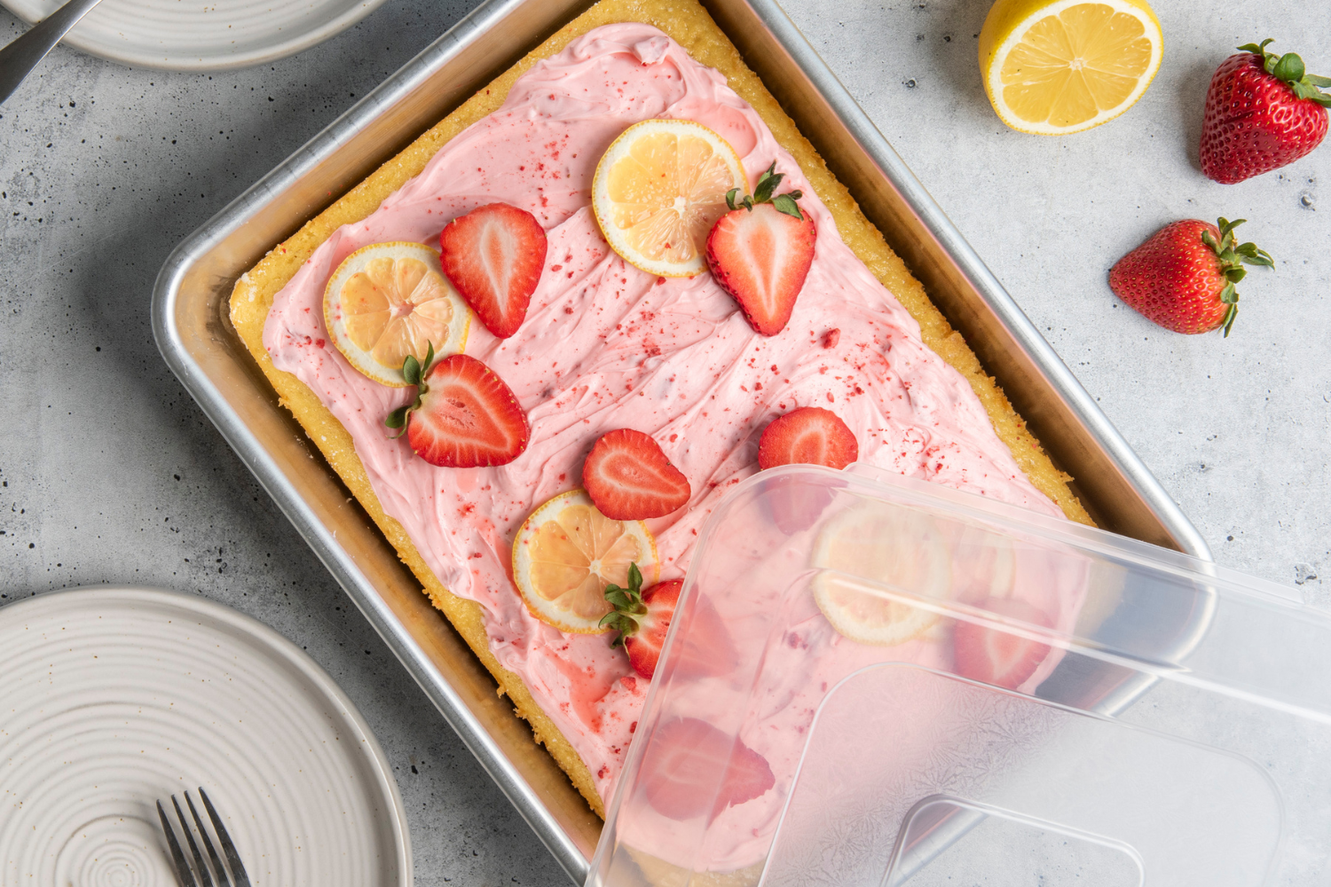 Lemon strawberry cake made in the Naturals® 9" x 13" Rectangular Cake Pan with Storage Lid